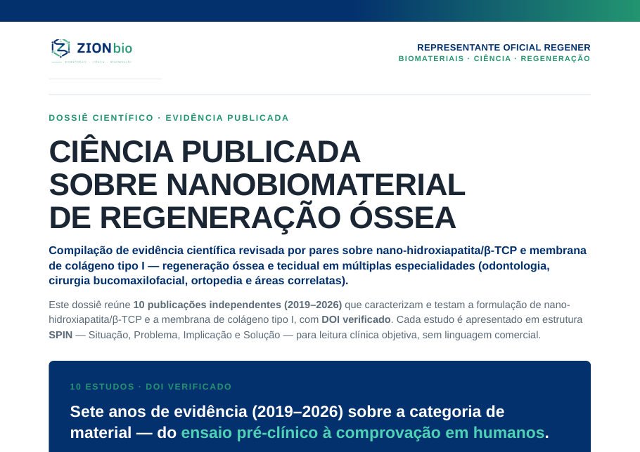 Capa do dossiê científico sobre nanobiomaterial de regeneração óssea, com 10 estudos